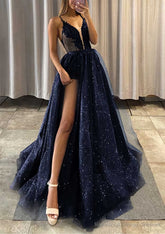 A-line V Neck Spaghetti Straps Long/Floor-Length Tulle Prom Dresses With Appliqued Glitter Split Left